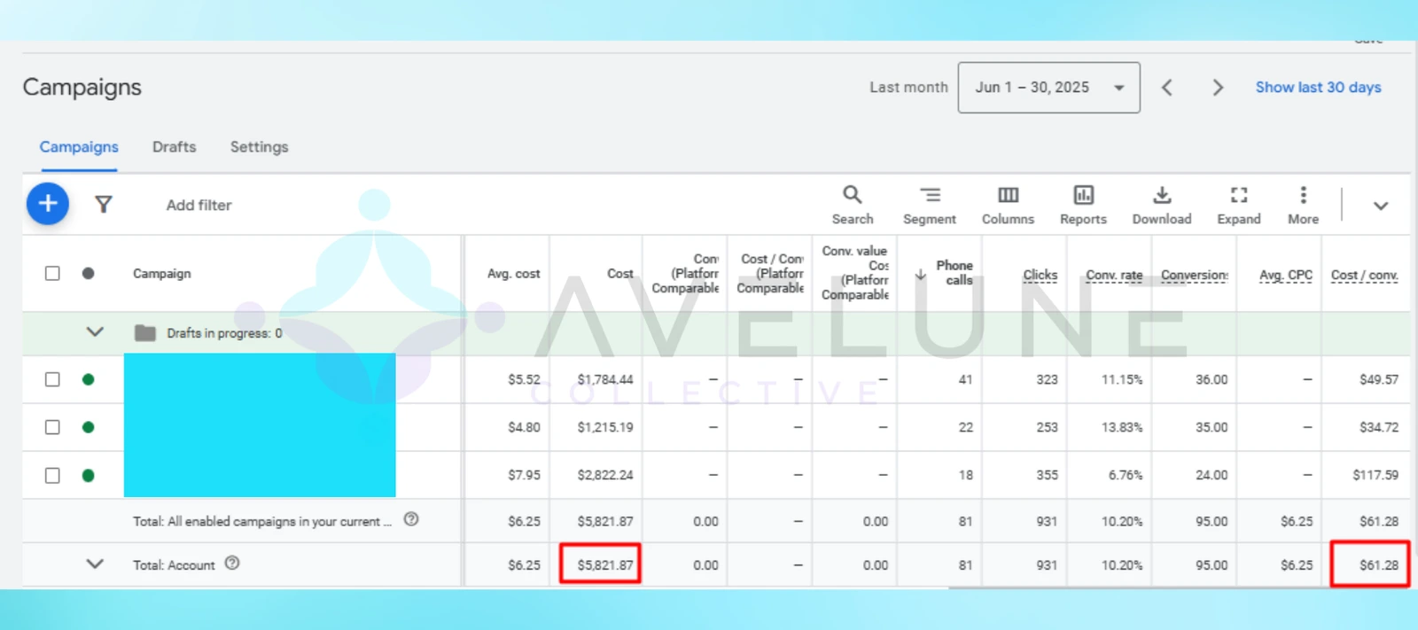 Google Ads campaign table showing average cost, cost, phone calls, conversion rate, and conversions.