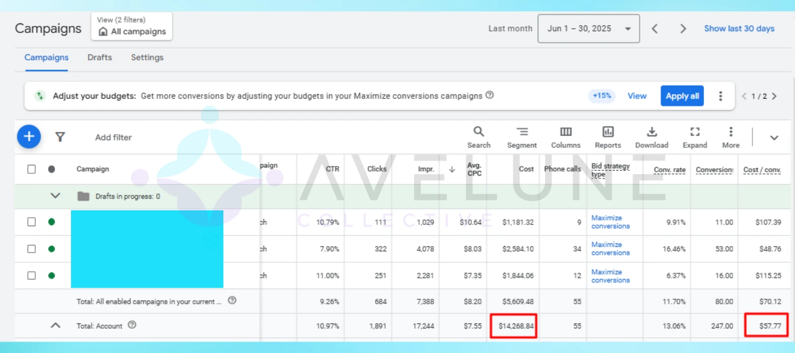 Google Ads campaign table showing clicks, cost, phone calls, conversion rate, and cost per conversion.