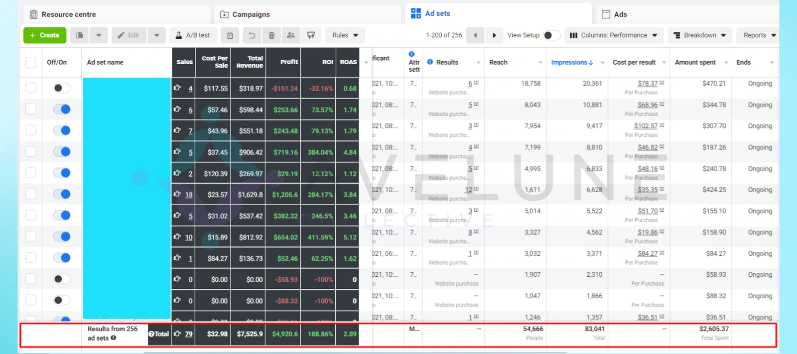 Meta Ads Manager ad-set performance table showing sales, cost per sale, total revenue, profit, ROI, and ROAS.
